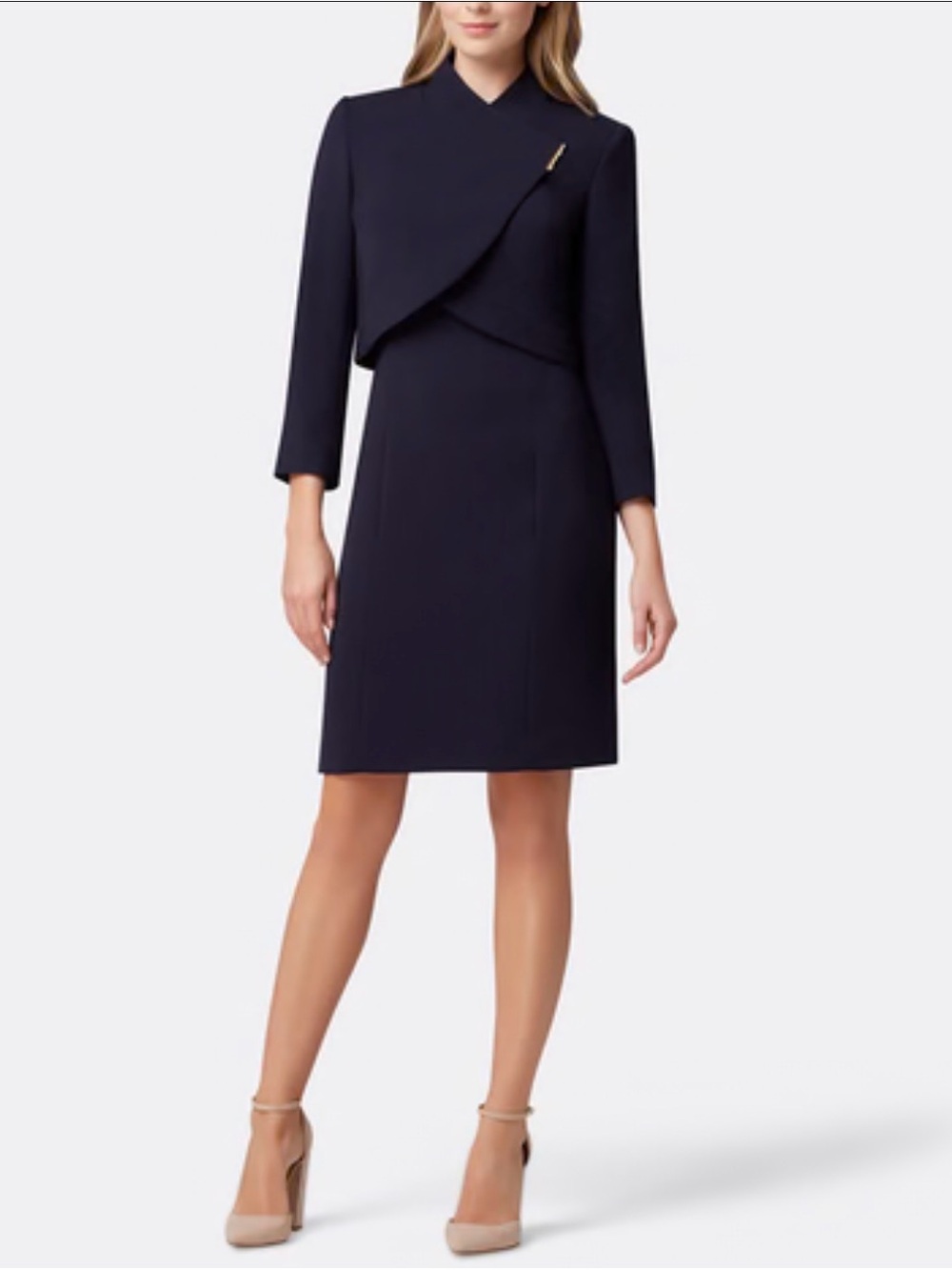 Tahari Navy Long-Sleeve Asymmetrical Overlay Suit - blazer and dress